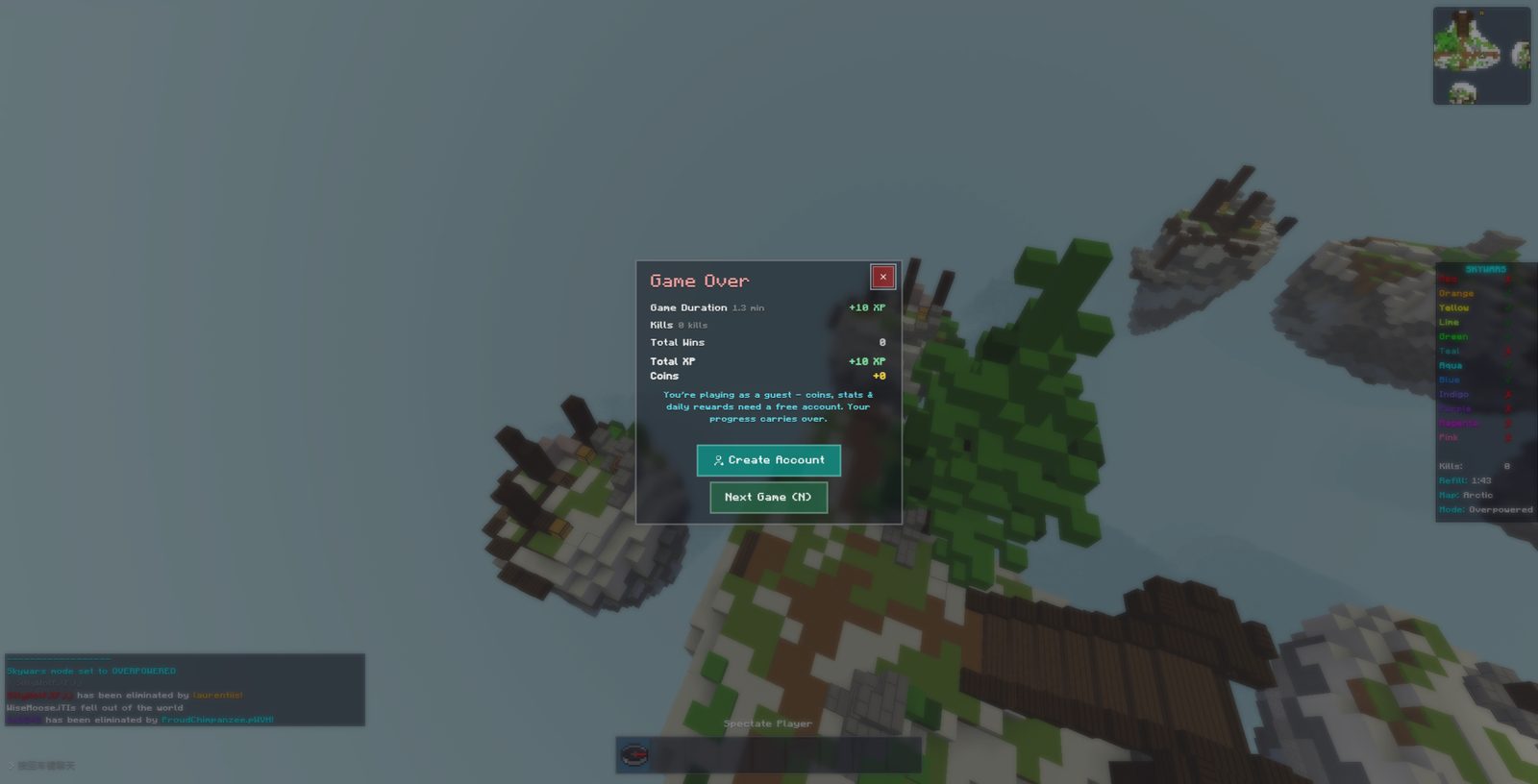 Skywars game over summary panel